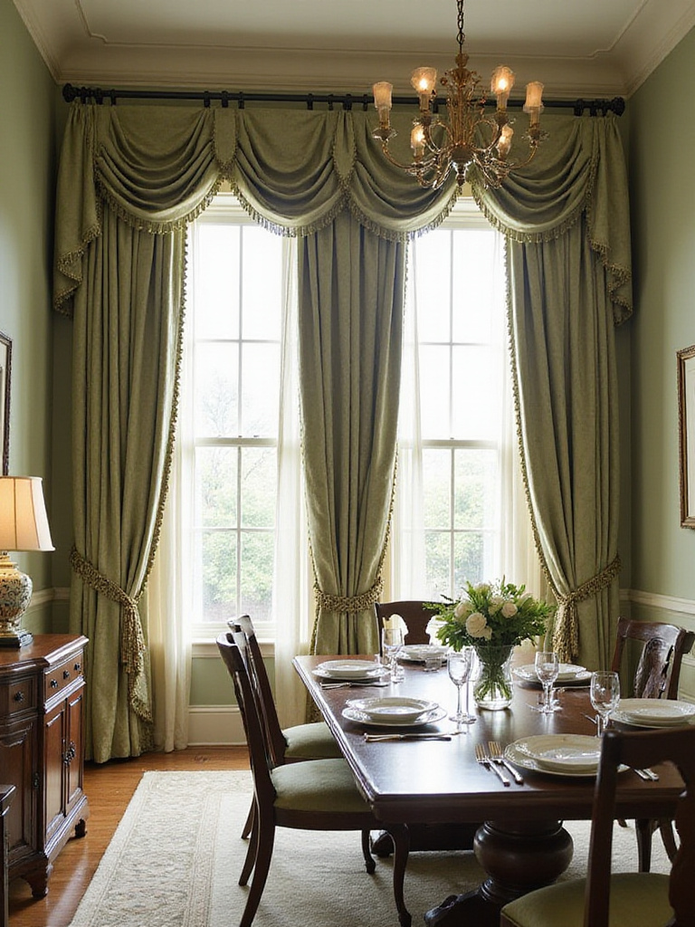Traditional dining room with timeless drapery panels framing large windows