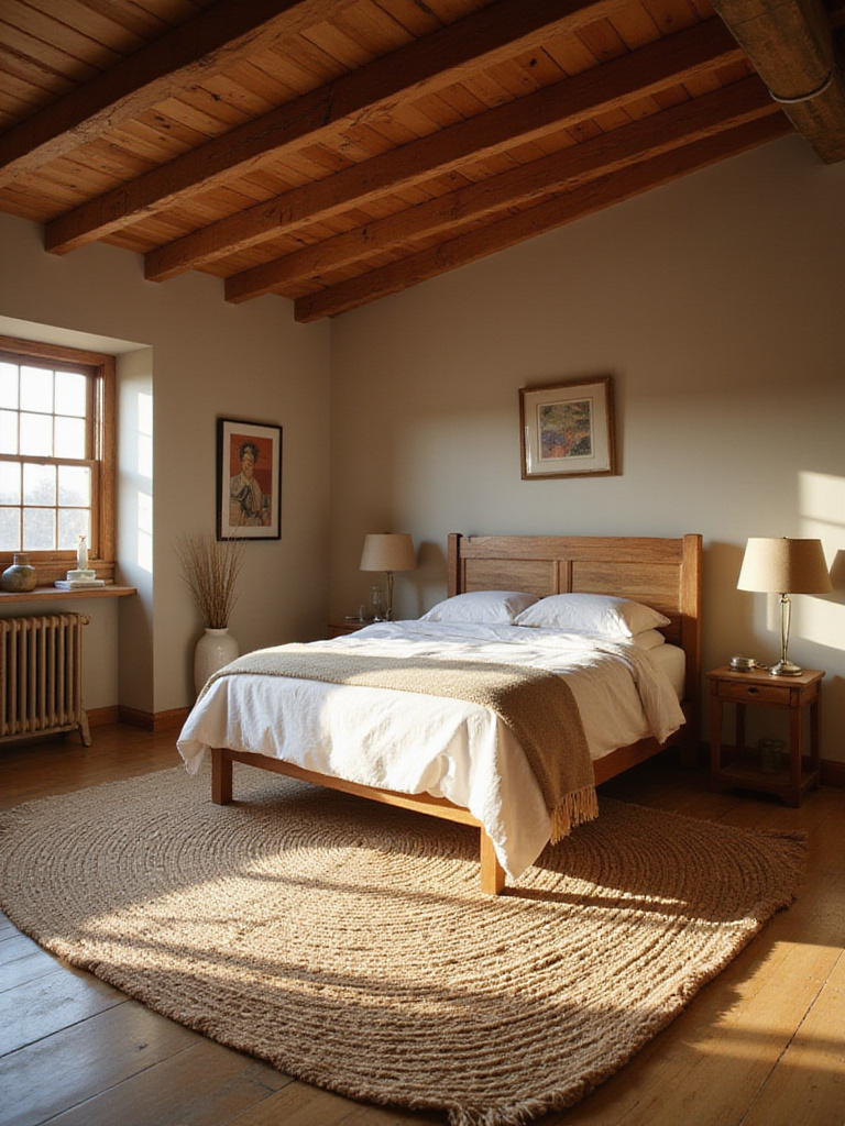 Cozy rustic bedroom with braided jute rug under bed