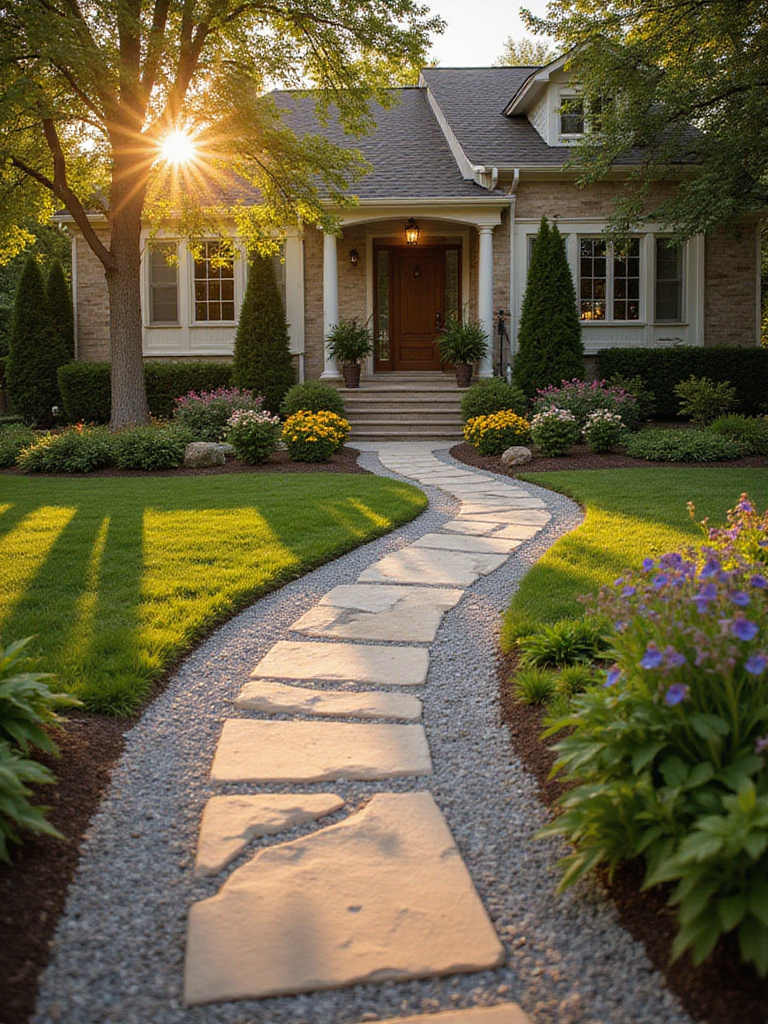 Professional photo of an inviting pathway leading to a front door surrounded by lush landscaping.