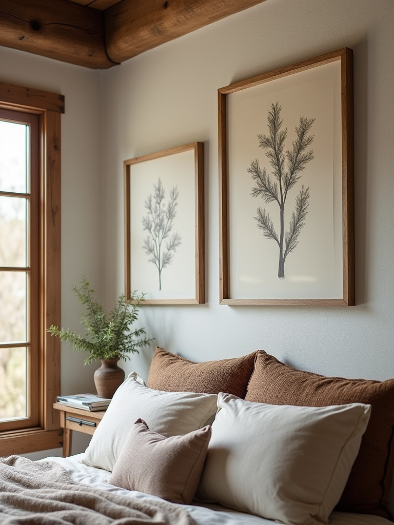 Rustic bedroom with nature-inspired art in simple wood frames