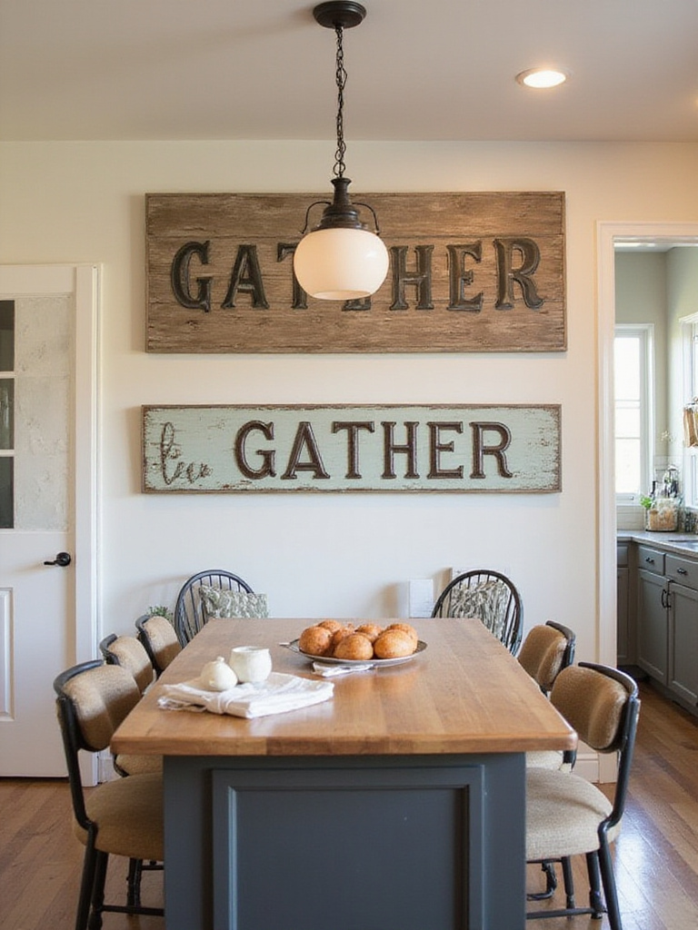 A rustic farmhouse kitchen with a large 'GATHER' sign above the kitchen island, showcasing warm lighting and wooden textures.