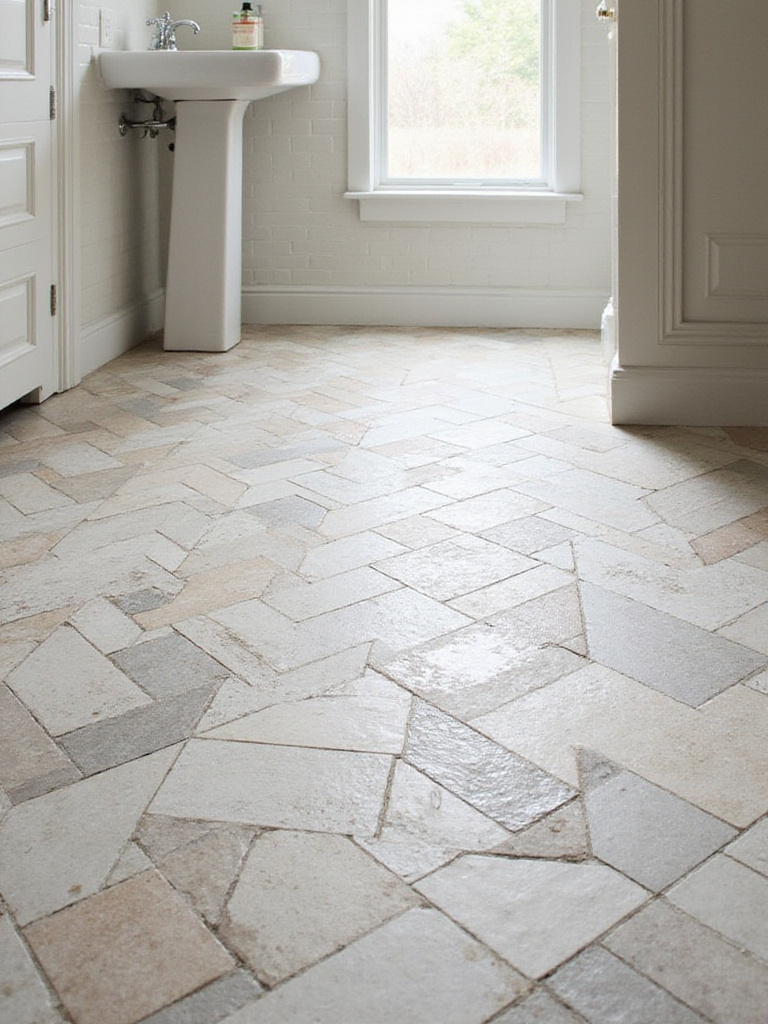 Bathroom floor featuring herringbone and chevron tile patterns in a stylish design.