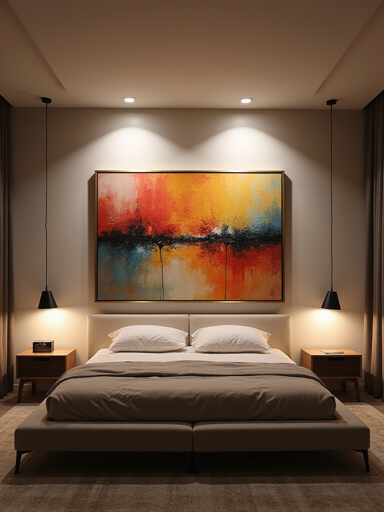 A modern bedroom with targeted accent lighting highlighting an abstract painting above the bed.