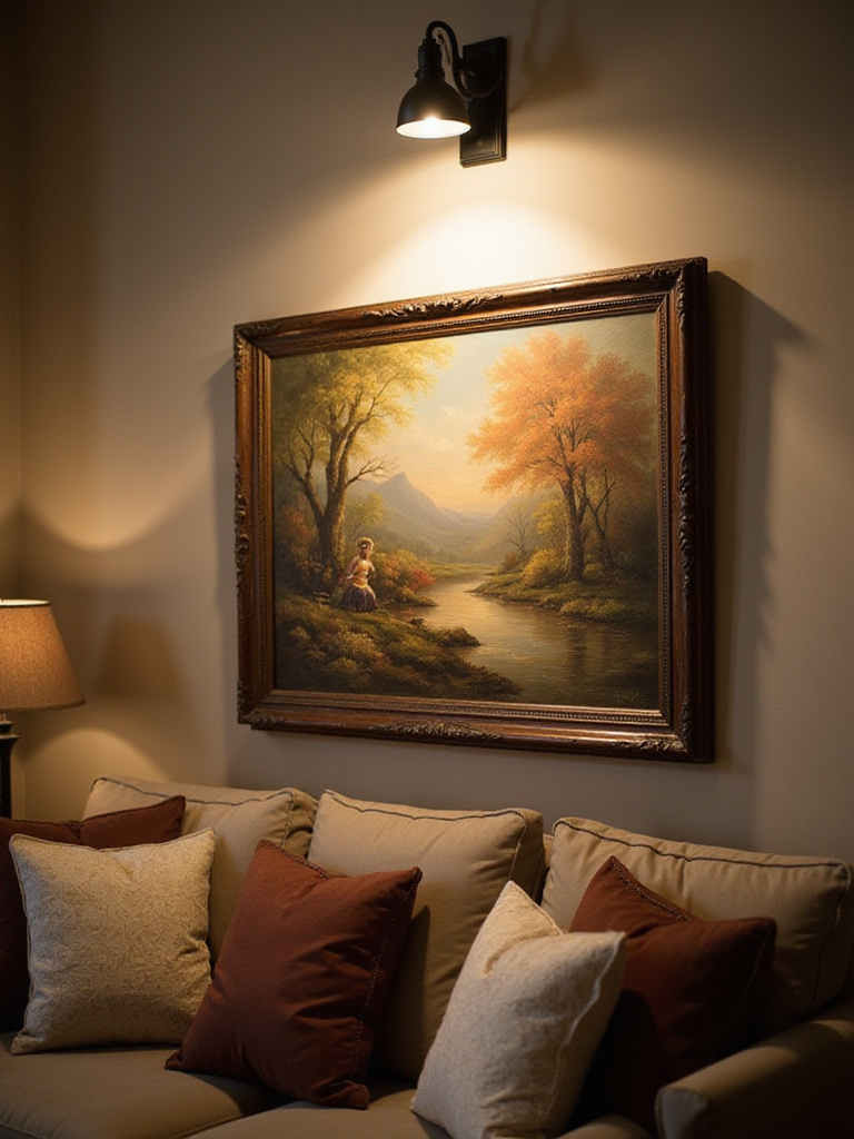 Elegant living room showcasing a painting illuminated by a picture light.