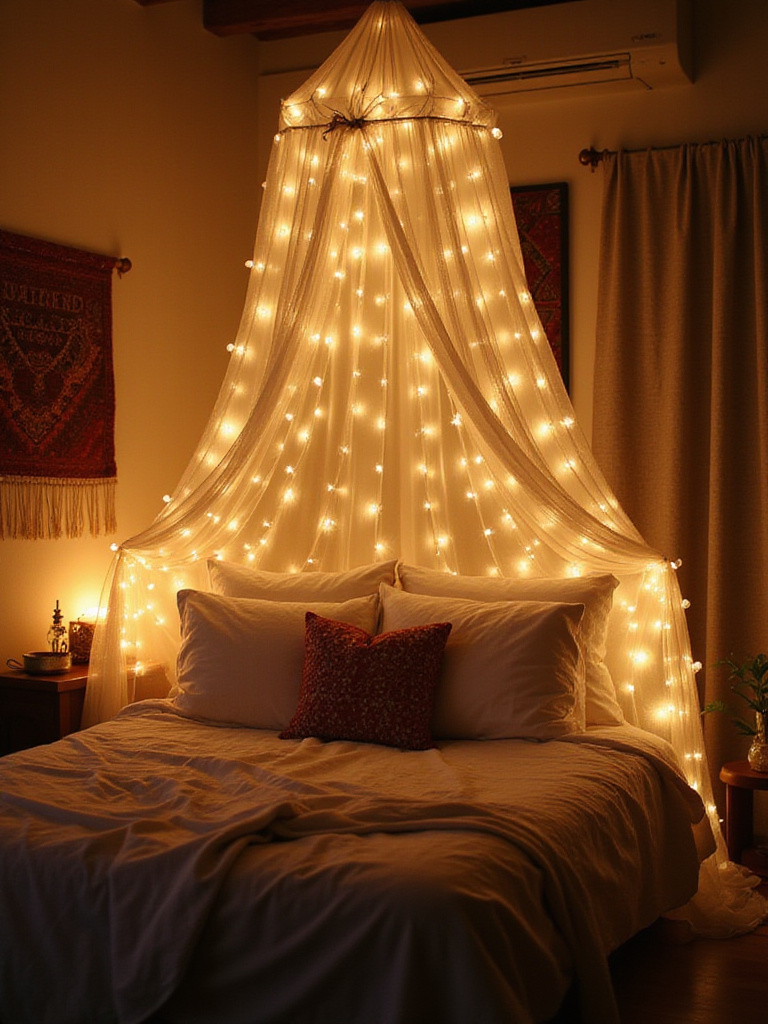 A boho bedroom with soft string lighting creating a cozy atmosphere.
