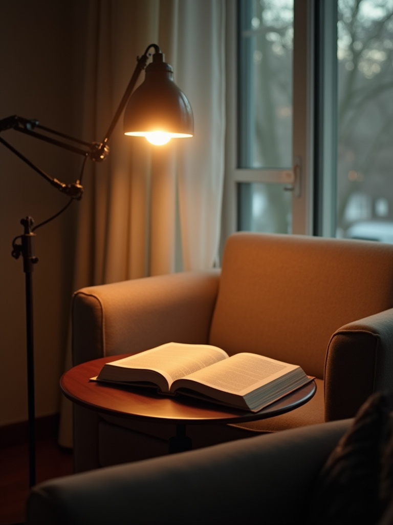 Cozy living room nook with task lighting beside an armchair and a book.