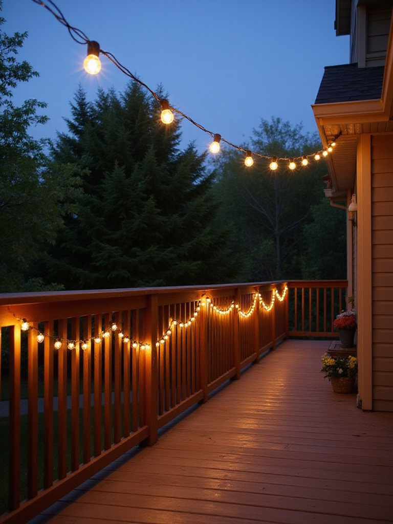 A deck illuminated with solar string lights at dusk, showcasing a cozy outdoor atmosphere.