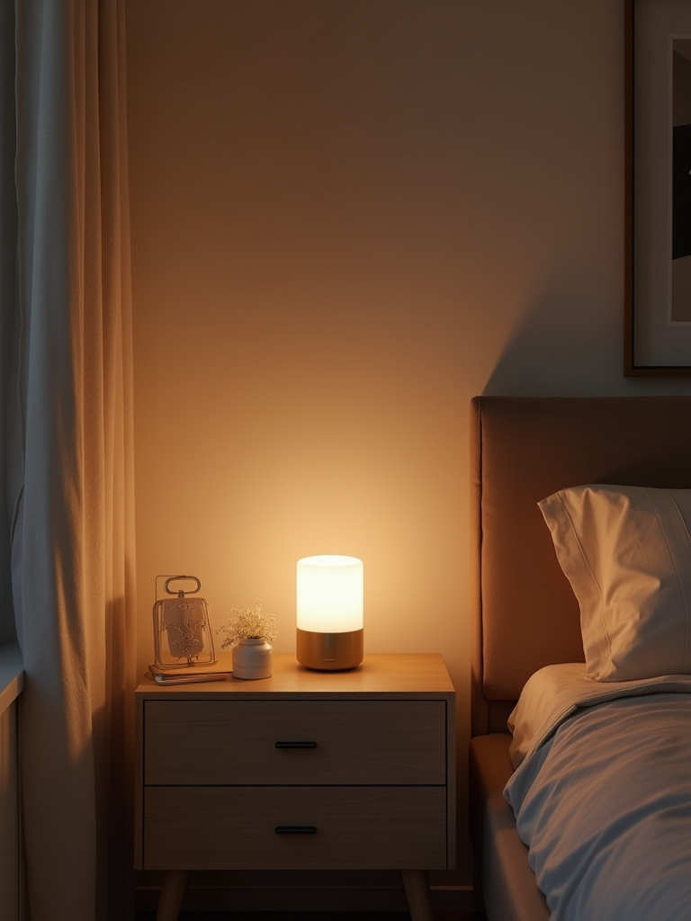 Modern bedroom featuring voice-activated lighting systems with ambient glow