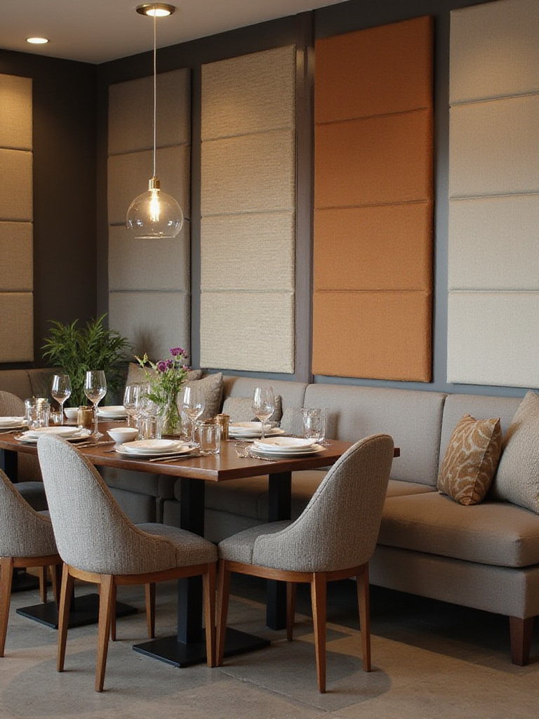 Stylish noise-dampening panels in a modern dining room, enhancing sound quality and aesthetics.