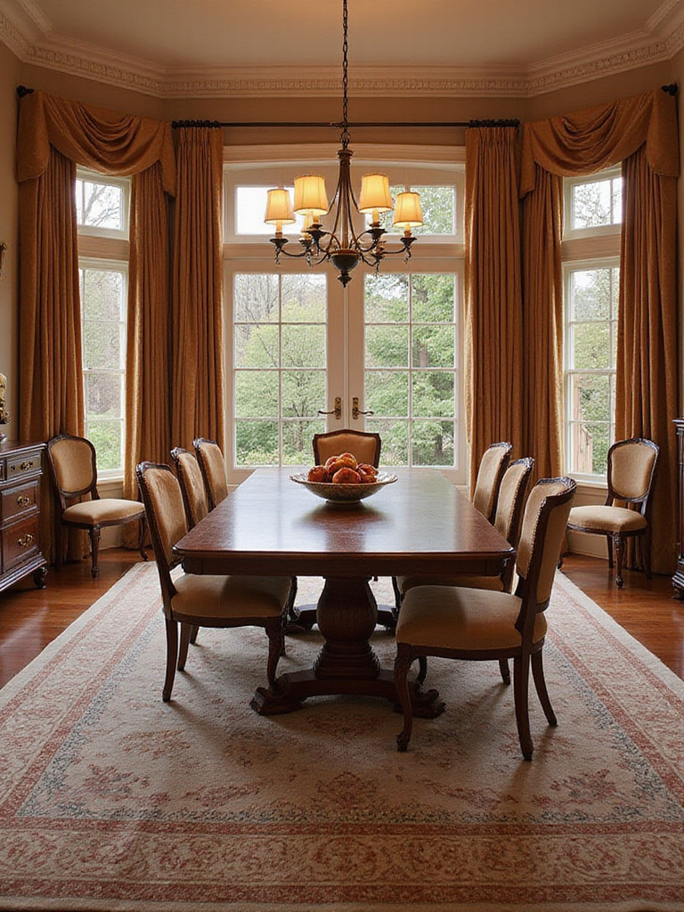 Traditional dining room designed for optimal acoustics with soft furnishings and ambient lighting.