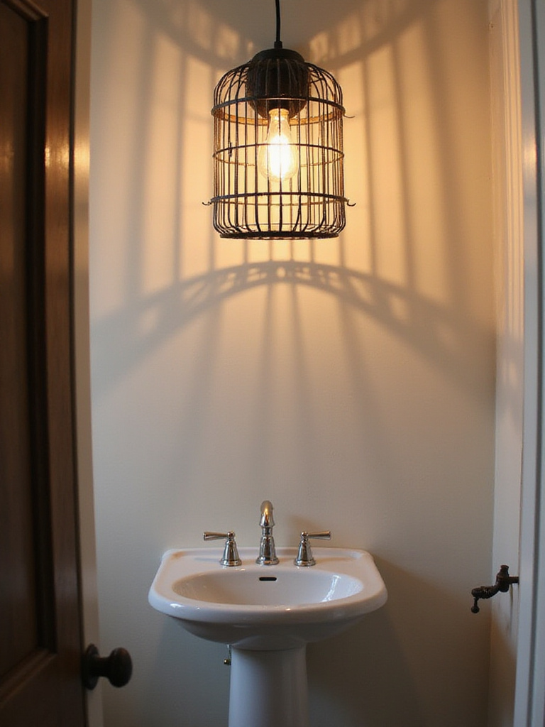 A quirky birdcage light fixture in a stylish powder room