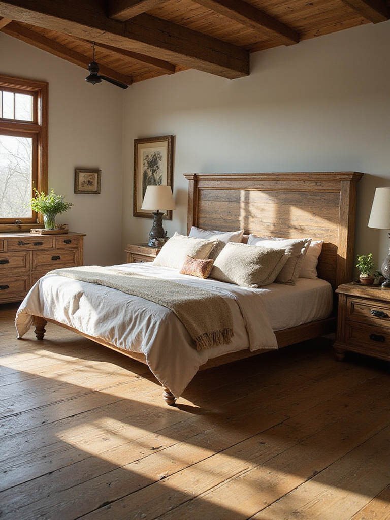 Rustic bedroom featuring distressed wood furniture with natural lighting