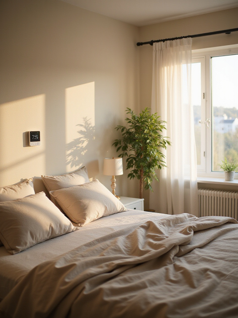 Serene bedroom with a cozy bed and warm lighting, emphasizing comfort and romance.