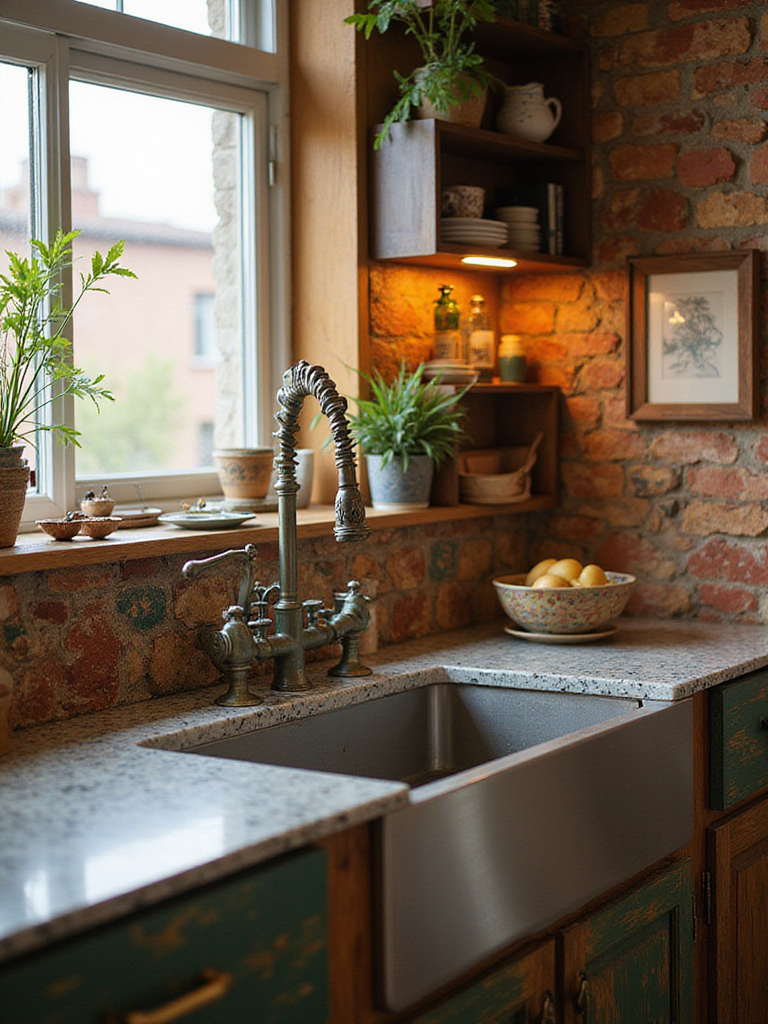 Eclectic bohemian kitchen featuring statement-making faucets and unique cabinet hardware.
