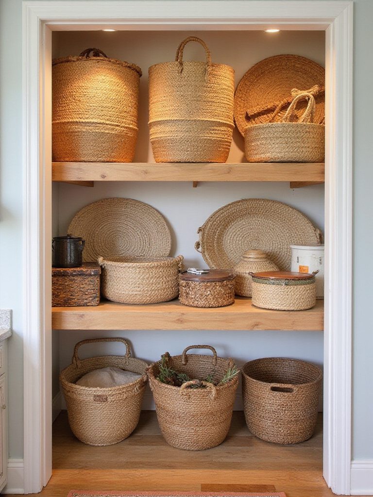 Stylish kitchen with woven baskets for concealed storage