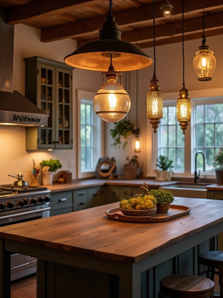 A cozy bohemian kitchen showcasing eclectic lighting fixtures with warm ambient glow.