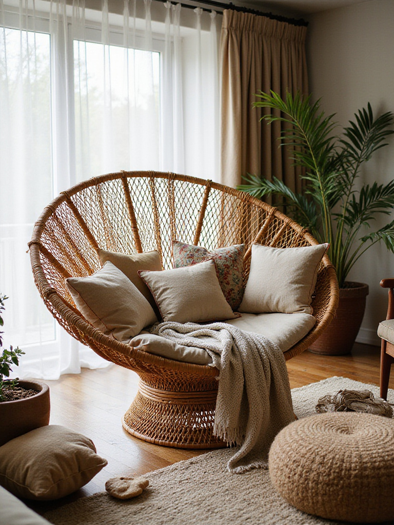 Bohemian living room featuring a rattan peacock chair and plush textiles.