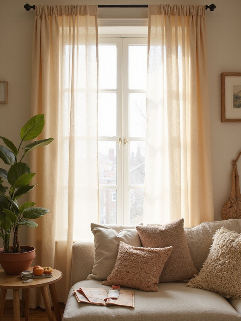 Living room with sheer flowing curtains filtering sunlight.