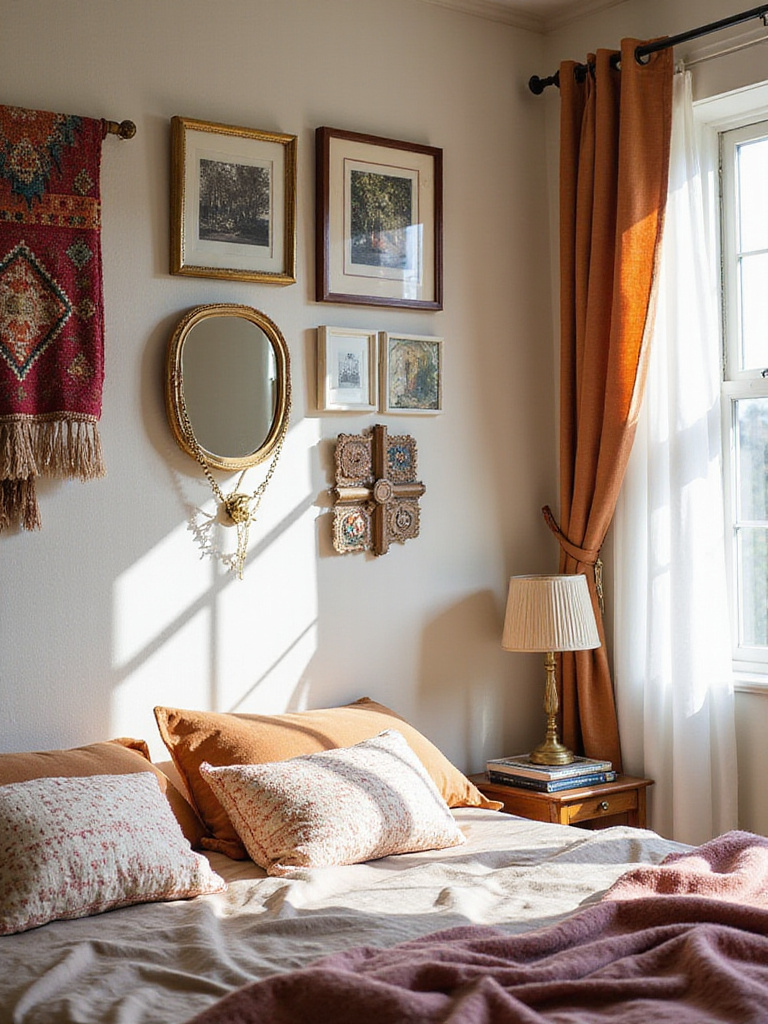 Eclectic gallery wall display in a boho bedroom with various art pieces and textiles.