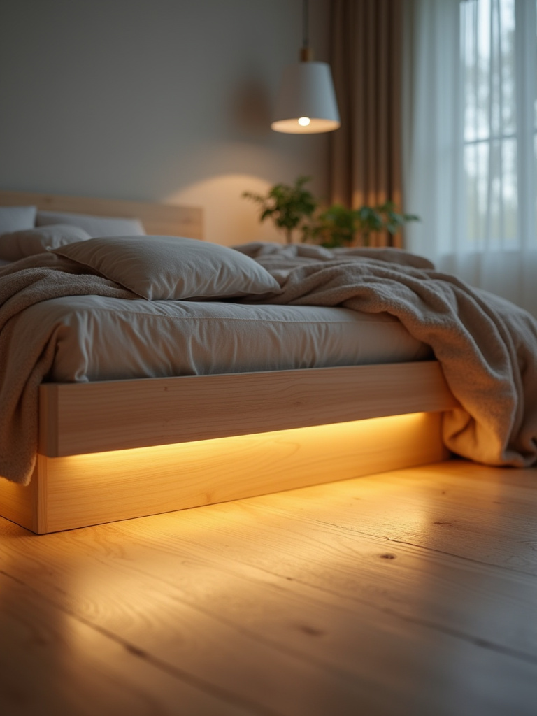 Soft glow from under-bed LED strips illuminating a modern bedroom floor.