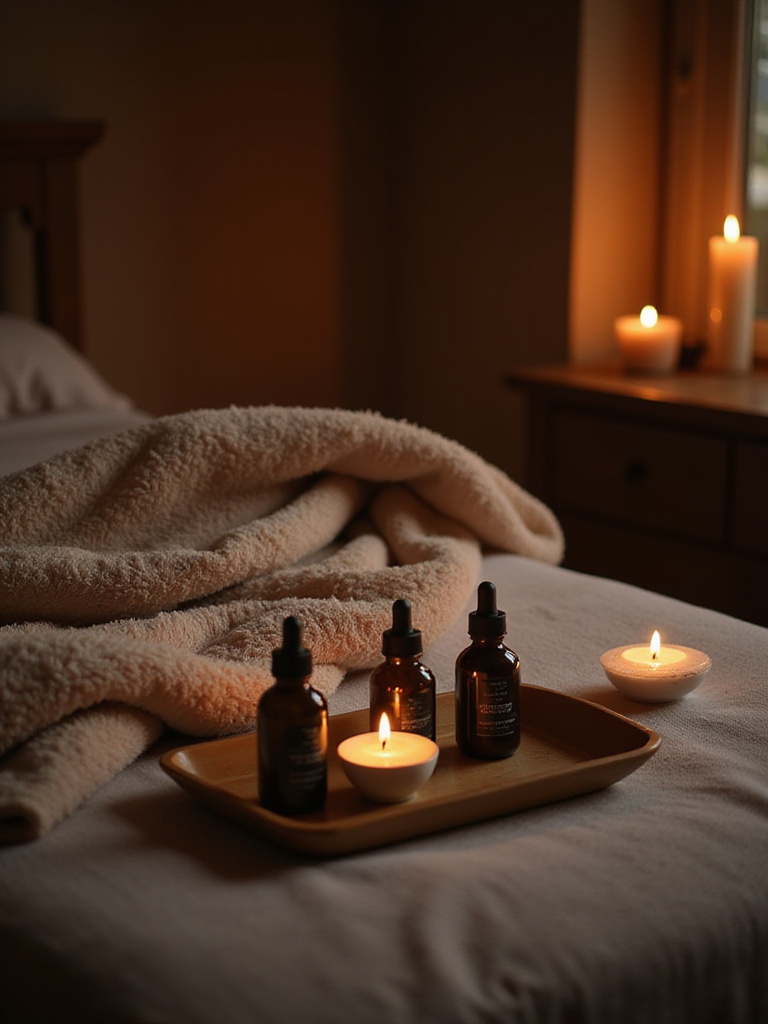 Sensual massage station with oils in a romantic bedroom setting
