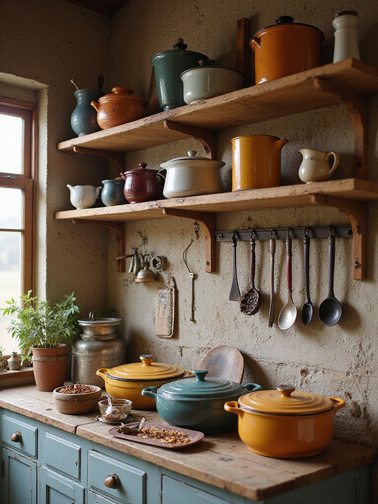 A rustic kitchen with unique cookware and utensils displayed on wooden shelves, bathed in soft natural light.