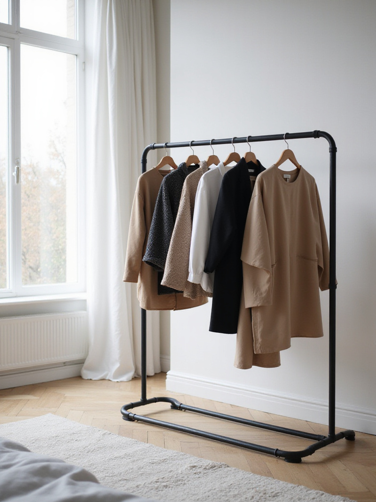 Minimalist garment rack showcasing essential outfits in a serene bedroom setting