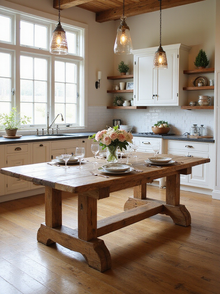 A rustic farmhouse dining table set in a bright kitchen with elegant dinnerware and flowers.