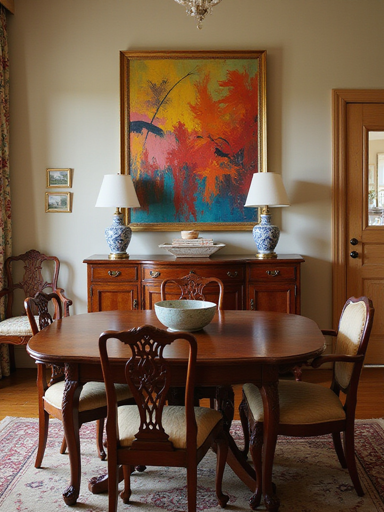 Traditional dining room with modern art and elegant decor