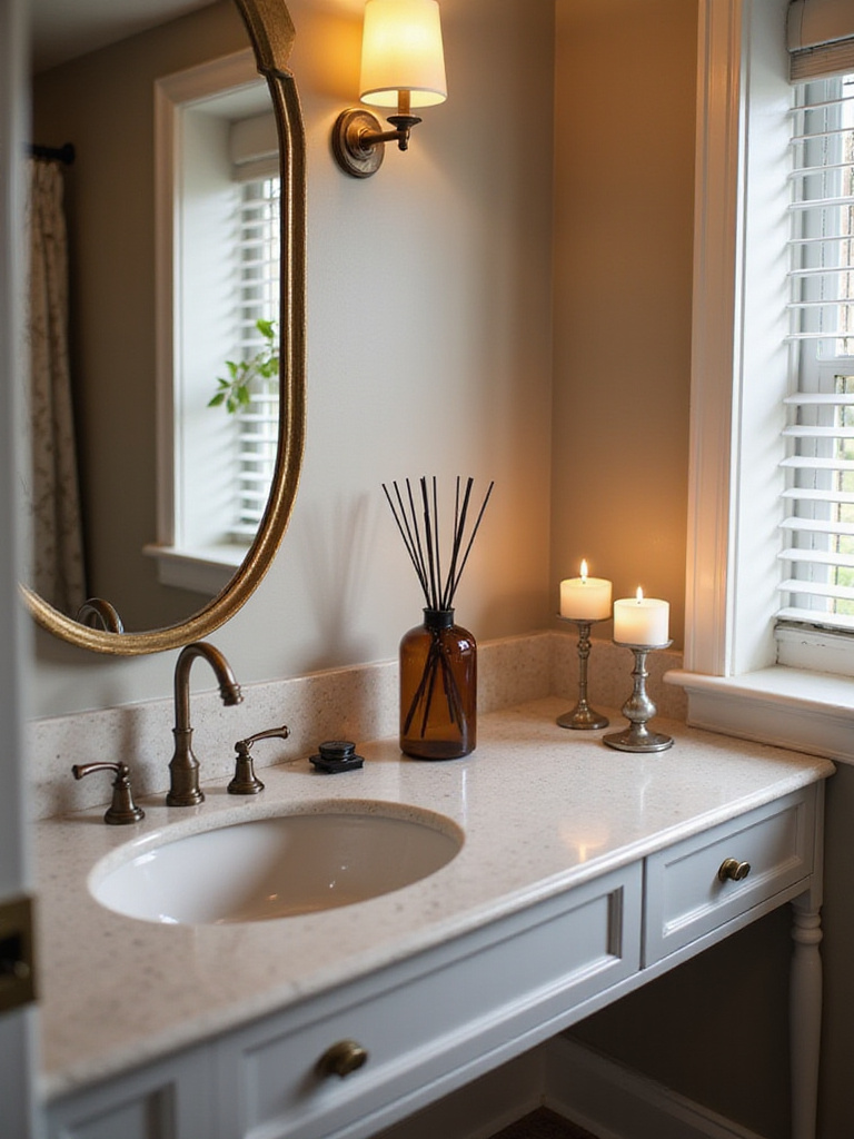 Elegant powder room with reed diffuser and scented candles creating a welcoming atmosphere.