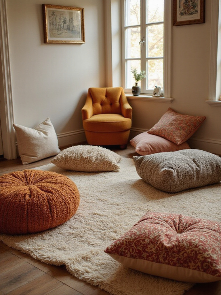 Cozy boho bedroom with scattered floor cushions and poufs