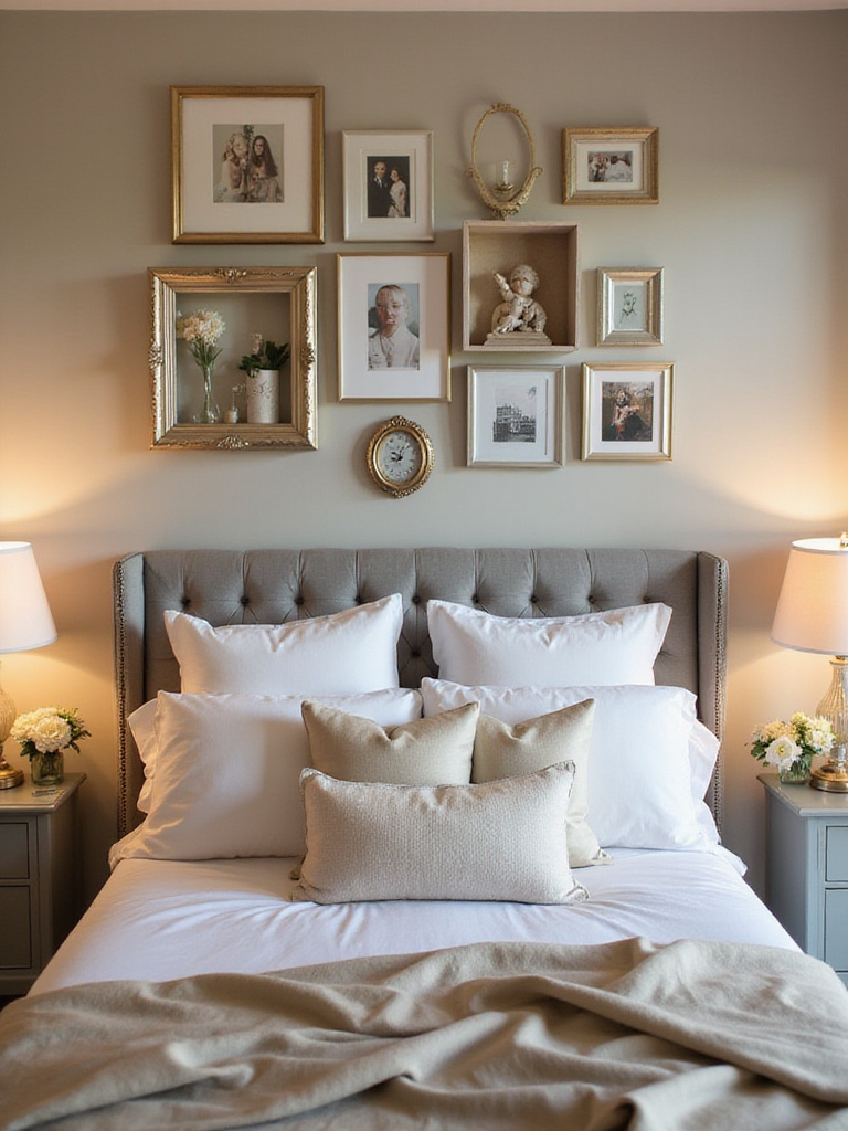 A romantic bedroom with a gallery wall of meaningful photos and cherished mementos above the bed.