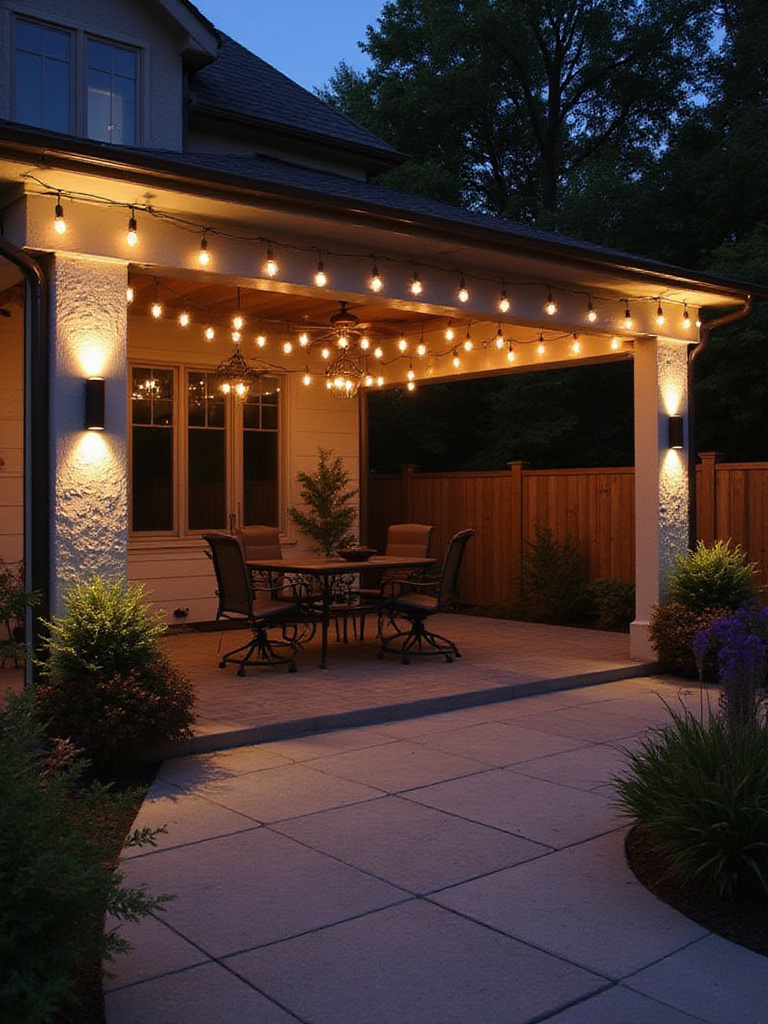 Elegant outdoor patio with dimmer switches controlling warm lighting ambiance