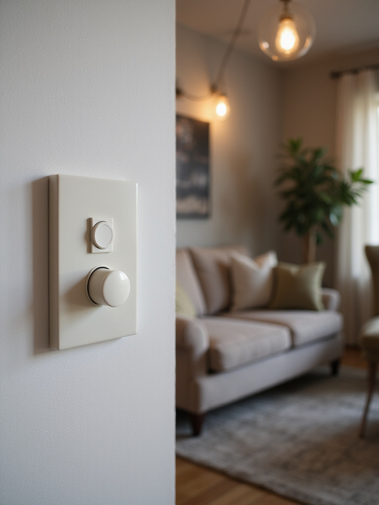 Living room with dimmer switch installed, showcasing different lighting levels.
