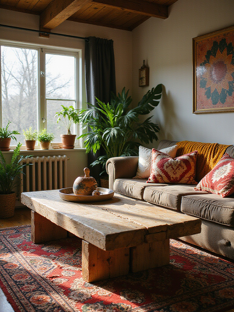 Cozy bohemian living room with reclaimed wood coffee table and colorful textiles.
