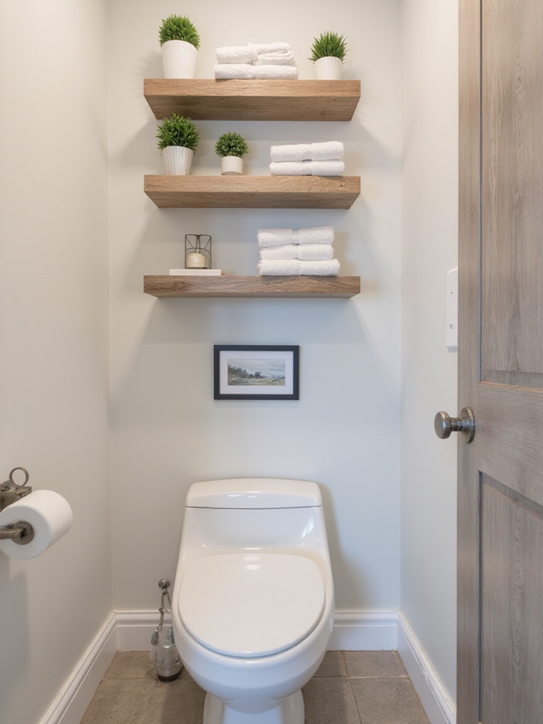 Stylish powder room with floating shelves displaying towels and decor