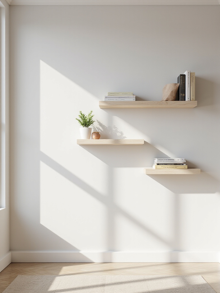 Minimalist bedroom with floating shelves displaying books and decor