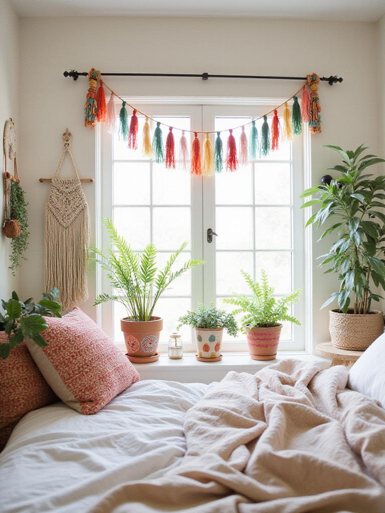 A bohemian bedroom filled with DIY decor items including macrame hangings and painted pots