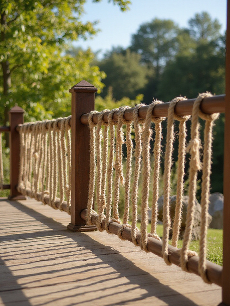 Charming outdoor deck with nautical rope railings in warm sunlight