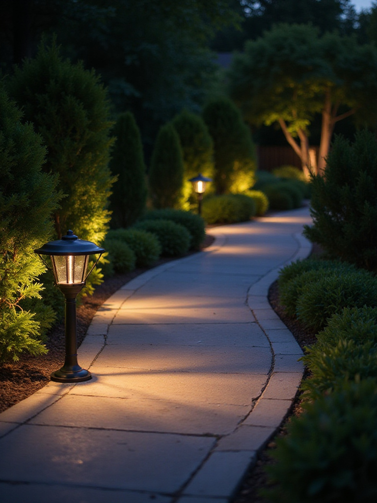 Illuminated pathway lights along a garden path at dusk, showcasing safety and ambiance.