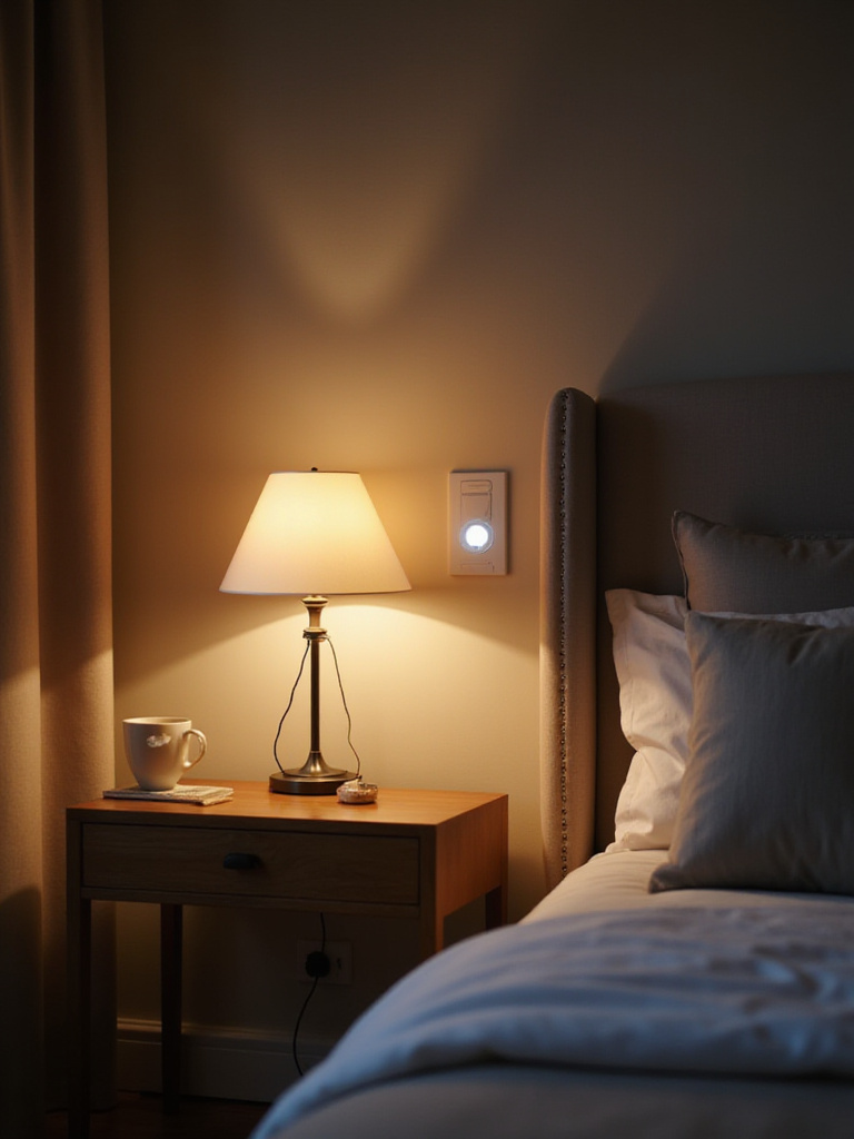 Modern bedroom featuring smart dimmers with warm lighting and elegant decor