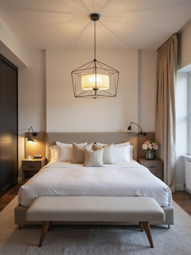 Modern bedroom with a statement light fixture as a centerpiece over the bed.