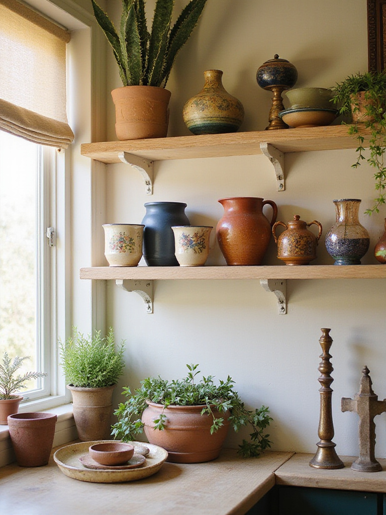 Eclectic kitchen with open shelving displaying colorful pottery and vintage glassware.