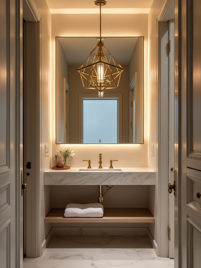 Stylish powder room with statement lighting fixture and elegant decor