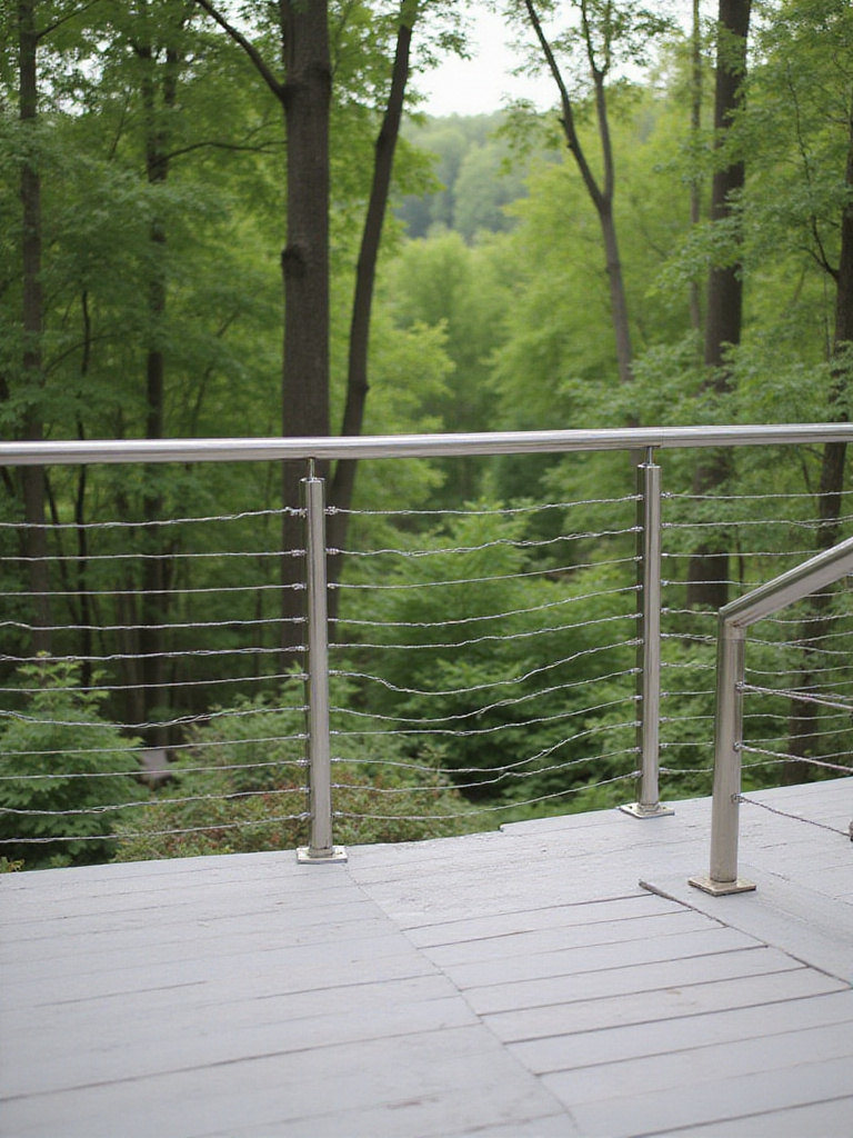 Stylish wire railings on a modern deck overlooking a green landscape.