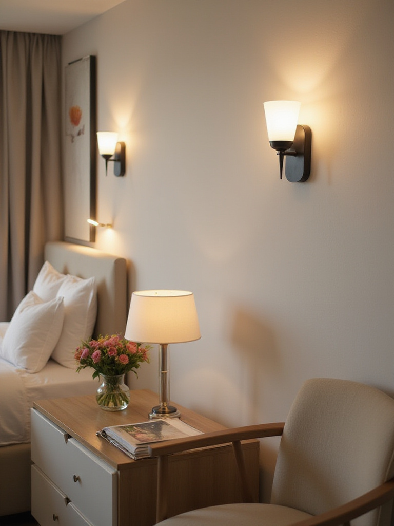 Modern bedroom with sleek wall sconces above a nightstand, showcasing a minimalist design.