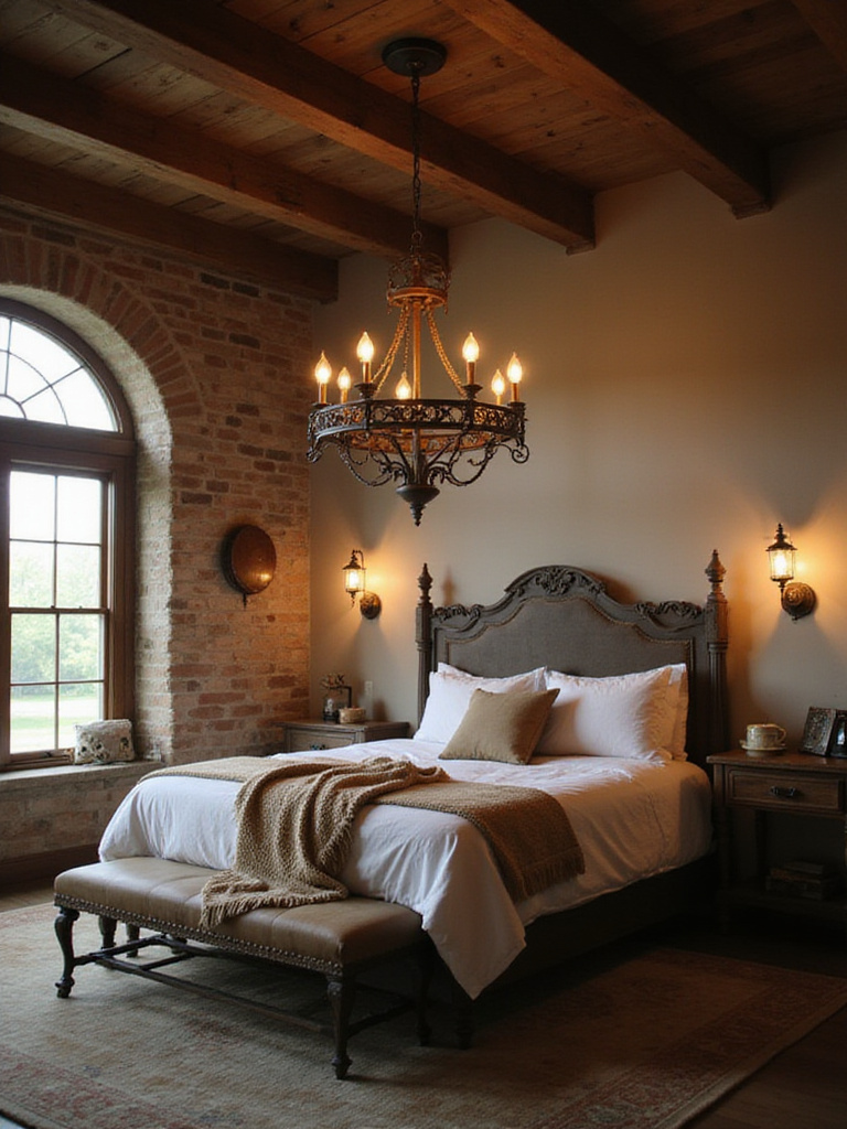 Rustic bedroom with wrought iron chandelier and warm lighting