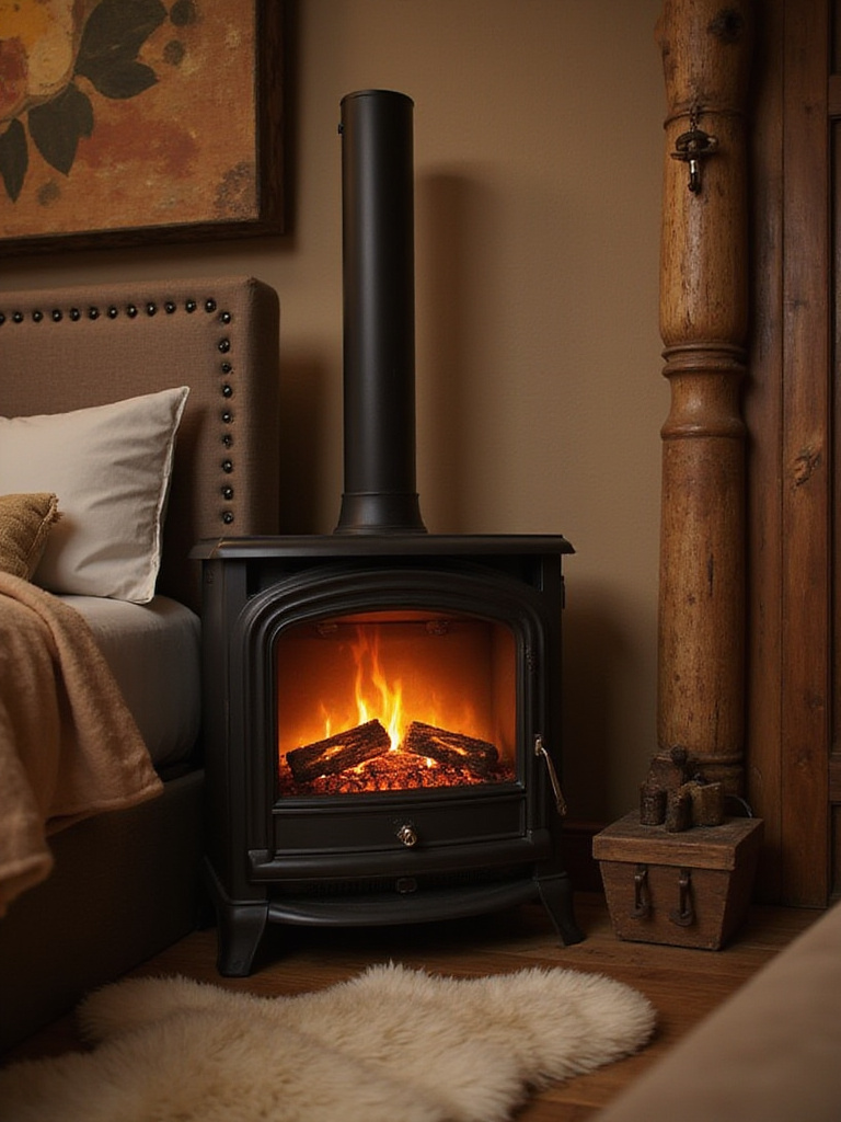 Cozy rustic bedroom with a freestanding electric fireplace and warm decor
