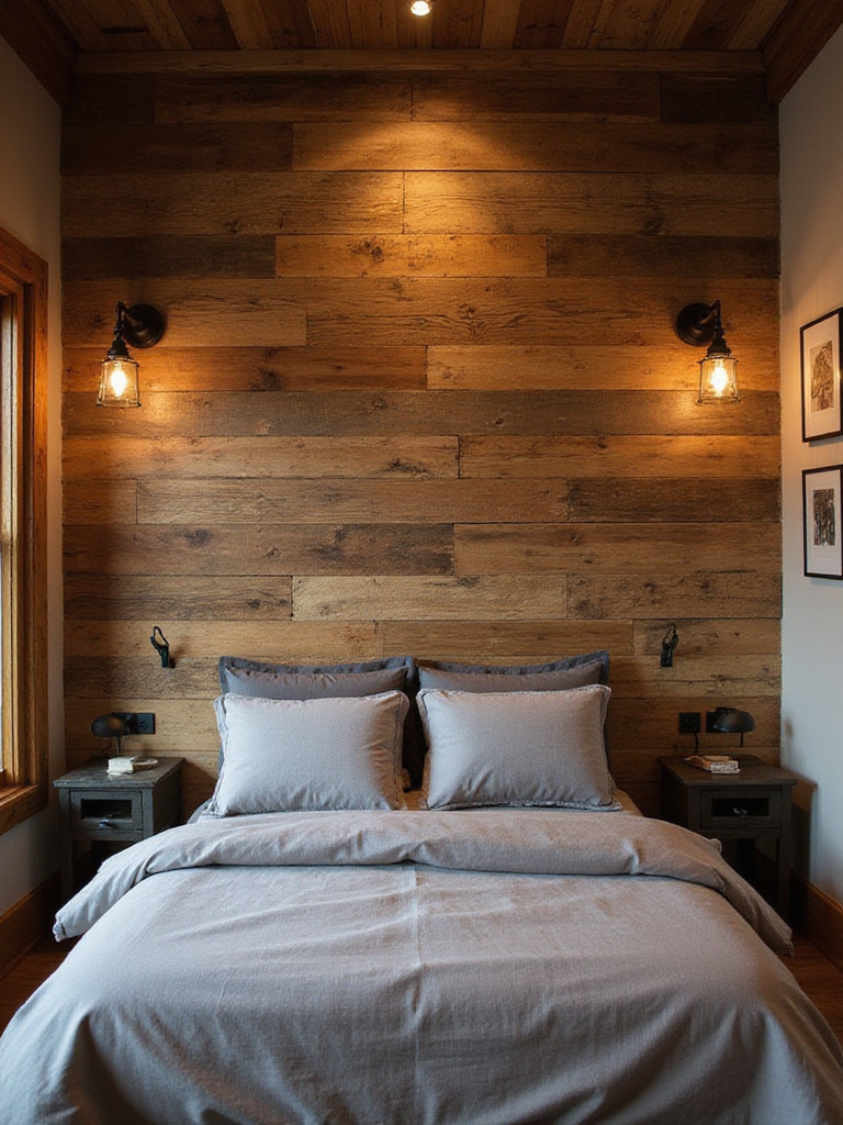 Rustic bedroom with reclaimed wood accent wall showcasing warm textures