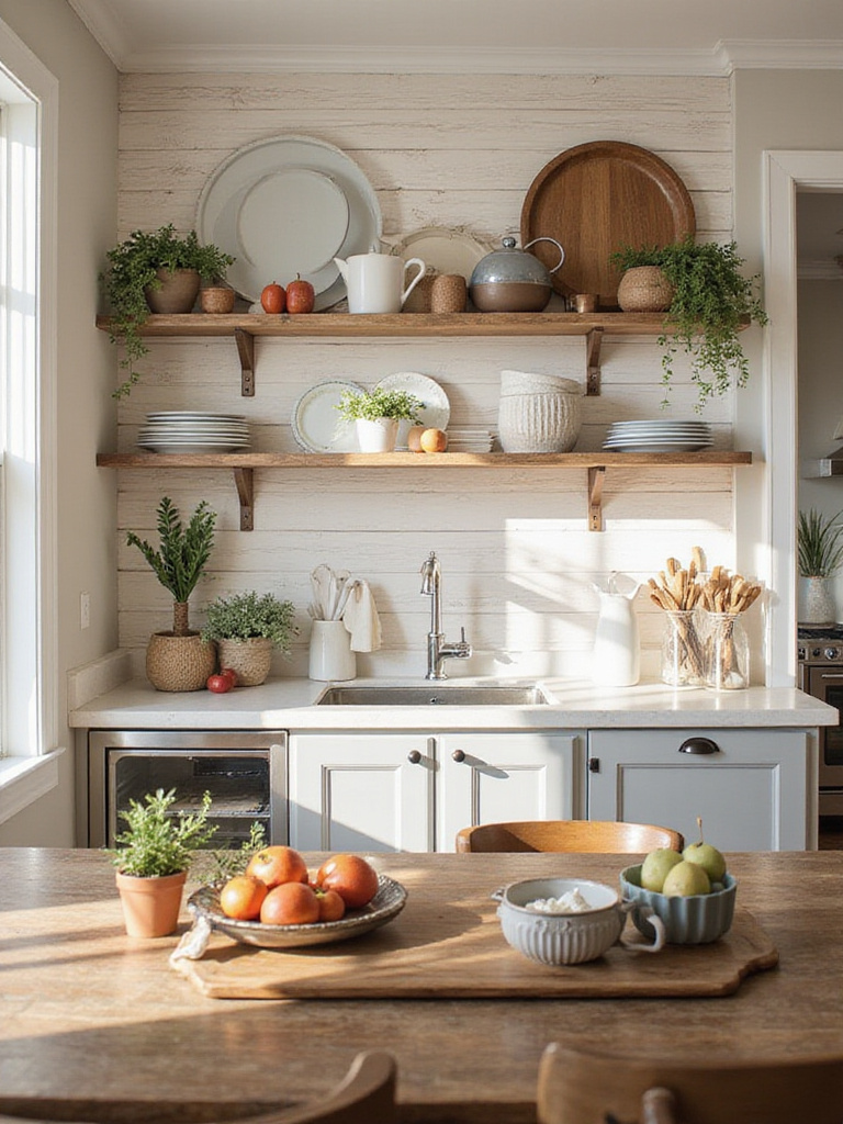 Farmhouse kitchen featuring a shiplap accent wall with rustic decor